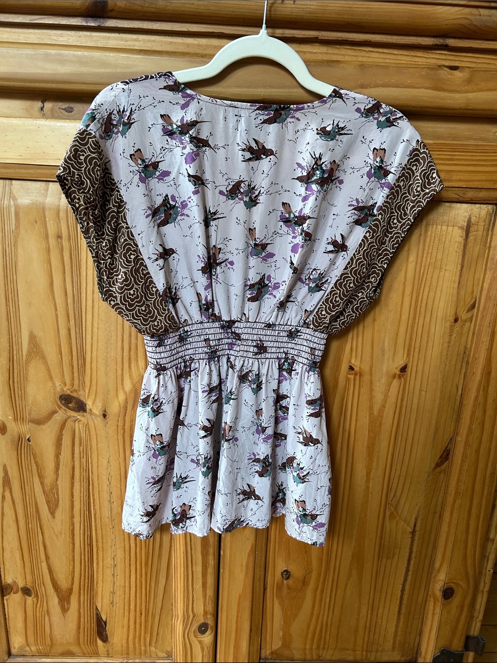 Corey Lynn Calter Thrush Song Silk Top Whimsical Bird Print Elasticized Waist - Picture 7 of 8